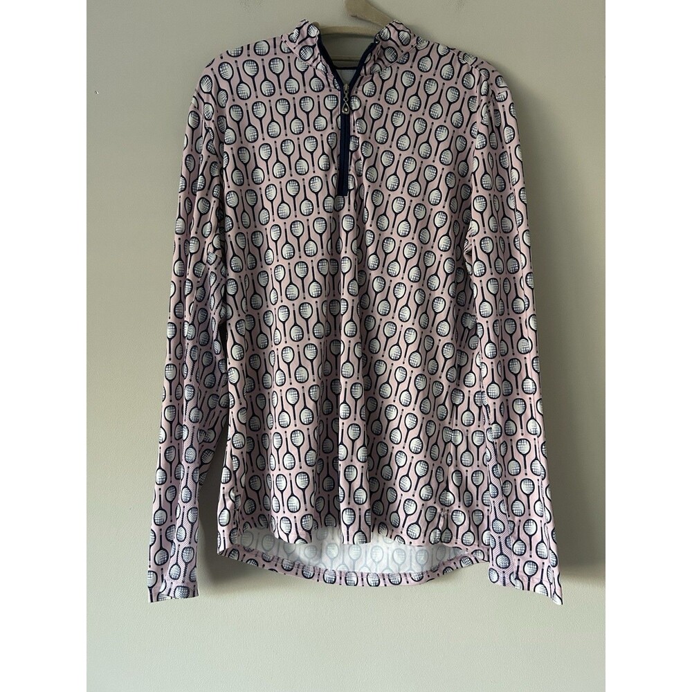 SanSoleil UPF 50+ 1/4 Zip Top with a Pink and Navy Racket Print Size Large Golf